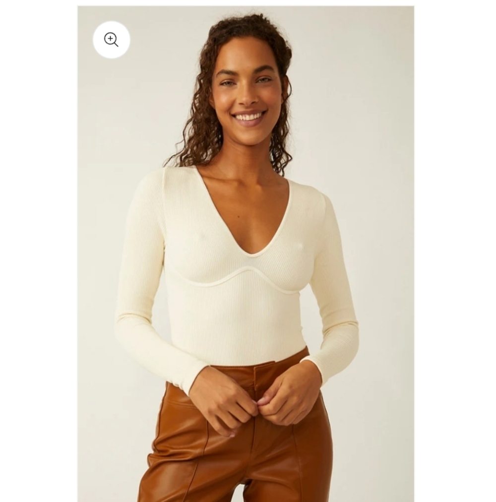 NWT || FREE PEOPLE INTIMATELY || Ribbed Bodysuit Vneck Long Sleeves Thong Sz S